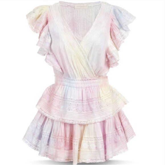 LoveShackFancy Gwyn Dress Multi Tie Dye Mini Ruffle Cotton Eyelet Size Small - Picture 1 of 16